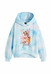 Lichtblauwe tie-dye hoodie gemaakt van zachte stof, met een kattenafbeelding met roze accenten en tekst die leest "Jij en Ik, Desty Gual."