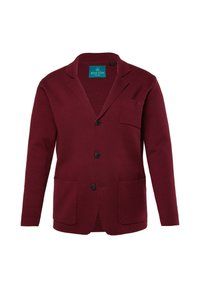 Burgundy blazer i texturerat tyg, med kavajslag, tre knappar, påsydda fickor och en bröstficka.