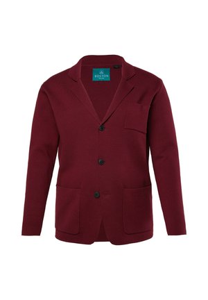 Burgunderfärbener Blazer aus strukturiertem Stoff, mit Reverskragen, drei Knöpfen, aufgesetzten Taschen und einer Brusttasche.