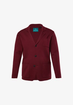 Bordeaux blazer gemaakt van gestructureerde stof, met een geknipt revers, drie knopen, opgestikte zakken en een borstzak.