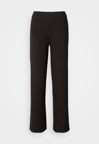 Zwarte wijde broek met verticale witte strepes, elastische tailleband en een gladde textuur. Casual ontwerp geschikt voor verschillende gelegenheden.