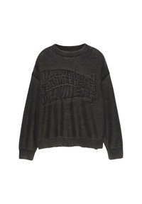 Sötétzöld pulóver, texturált logóval az elején, bordázott nyakkivágással és enyhén oversized fazonnal. Puha, szőtt anyag.