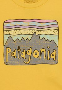Gelbes T-Shirt mit einem grafischen Design, das stilisierte Berge und das Wort "Patagonia" in fetten, schwarzen Buchstaben zeigt.