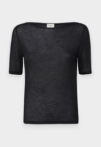Black short-sleeve t-shirt with a loose, wide neckline. Made from a lightweight, sheer fabric with a smooth texture and simple design.
