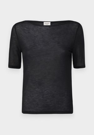 Svart t-shirt med kort ärm och en lös, bred halsringning. Tillverkad av ett lätt, genomskinligt tyg med en slät yta och enkel design.