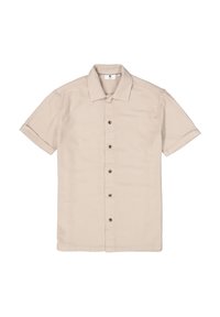 Beige kortarm overhemd van textuurstof, met een knoopsluiting aan de voorkant met zes knopen en een opgevouwen kraag.