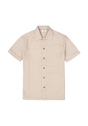 Beige kortarm overhemd van textuurstof, met een knoopsluiting aan de voorkant met zes knopen en een opgevouwen kraag.