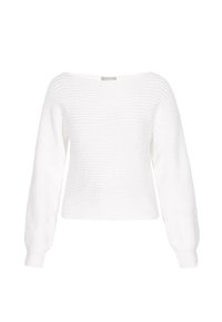 Pulover alb din tricot cu un guler larg și mâneci lungi, ușor bufante. Țesătura are un model texturat în dungi orizontale.