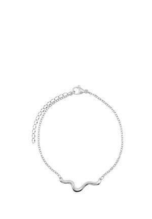 Silbernes Armband mit einer dünnen Kette und einer kleinen gewellten Stange in der Mitte, mit verstellbarem Verschluss und Verlängerungskettchen.