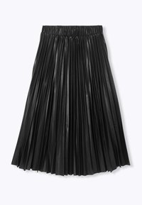 Jupe plissée noire en matière synthétique brillante, dotée d'une taille élastique et de plis verticaux sur l'ensemble du vêtement.