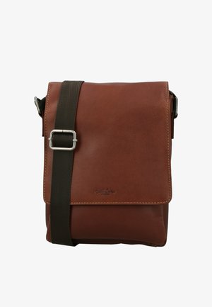 Braune Leder-Umhängetasche mit verstellbarem dunklem Riemen und silberner Schnalle, rechteckiger Klappe und dezenten, genähten Kanten.