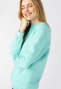 Felpa verde menta realizzata in tessuto morbido, con maniche lunghe e scollatura rotonda, caratterizzata da polsini a costine e una vestibilità comoda.