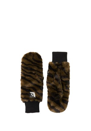 Een paar bruine en zwarte, tijgergestreepte, donzige wanten met zwarte geribde boorden, de ene toont de handpalmzijde en de andere de achterkant met een klein logoplaatje.