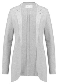 Vaaleanharmaa neuletakki, valmistettu pehmeästä neuloksesta. Siinä on lovikaulus, avoin etuosa ja pidennetty helma sivuhalkioilla.