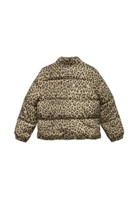 Giacca corta imbottita con motivo leopardato in tonalità di marrone e beige. Presenta un colletto alto e polsini elasticizzati.