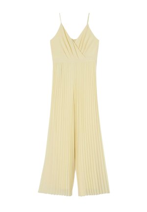Hellgelber, plissierter Jumpsuit mit weitem Bein, Spaghettiträgern und Wickel-Design im V-Ausschnitt.