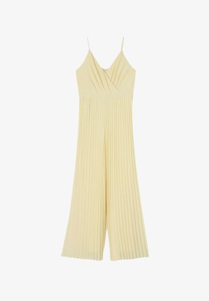 Hellgelber, plissierter Jumpsuit mit weitem Bein, Spaghettiträgern und Wickel-Design im V-Ausschnitt.