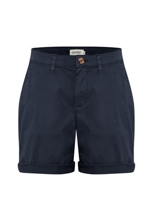 Shorts di cotone blu navy con chiusura frontale a bottoni, risvolti e tasche laterali. Presenta un'etichetta in vita con il nome del marchio.