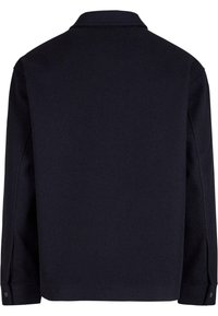 Dark navy jacket made from a textured fabric. Features a pointed collar, long sleeves, and cuff buttons. Minimalist back design.