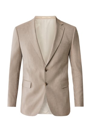Beige maßgeschneiderte Blazer mit zwei Knöpfen, Reverskragen und einer einzelnen Brusttasche. Weiche Textur mit glatter Stoffauskleidung.