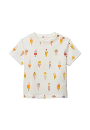 T-shirt blanc à manches courtes avec des motifs colorés de cornet de glace et de popsicle. Tissu en coton doux, deux boutons sur l'épaule gauche pour un enfilage facile.
