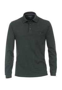 Langärmliges Poloshirt in Dunkelgrün, aus weichstem Baumwollmaterial. Verfügt über einen Kragen, eine Knopfleiste mit drei Knöpfen und eine Brusttasche mit Knopfdetails.