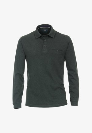 Langärmliges Poloshirt in Dunkelgrün, aus weichstem Baumwollmaterial. Verfügt über einen Kragen, eine Knopfleiste mit drei Knöpfen und eine Brusttasche mit Knopfdetails.