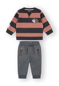 Conjunto para niño pequeño que incluye sudadera de manga larga a rayas rosas y negras con un gráfico de tigre y pantalones jogger grises con cordón ajustable y bolsillos con cremallera.