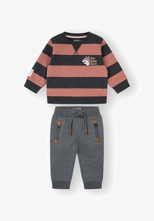 Conjunto para niño pequeño que incluye sudadera de manga larga a rayas rosas y negras con un gráfico de tigre y pantalones jogger grises con cordón ajustable y bolsillos con cremallera.