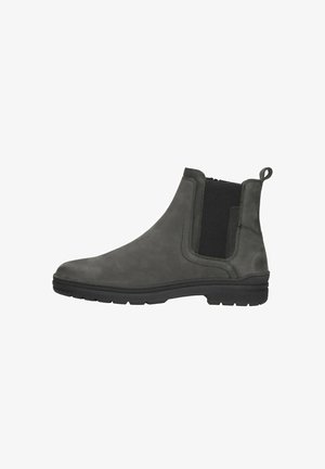 Donkergrijs suède Chelsea-boot met zwarte elastische zijpaneel, trekband aan de hiel en zwarte rubberen zool, zijaanzicht.