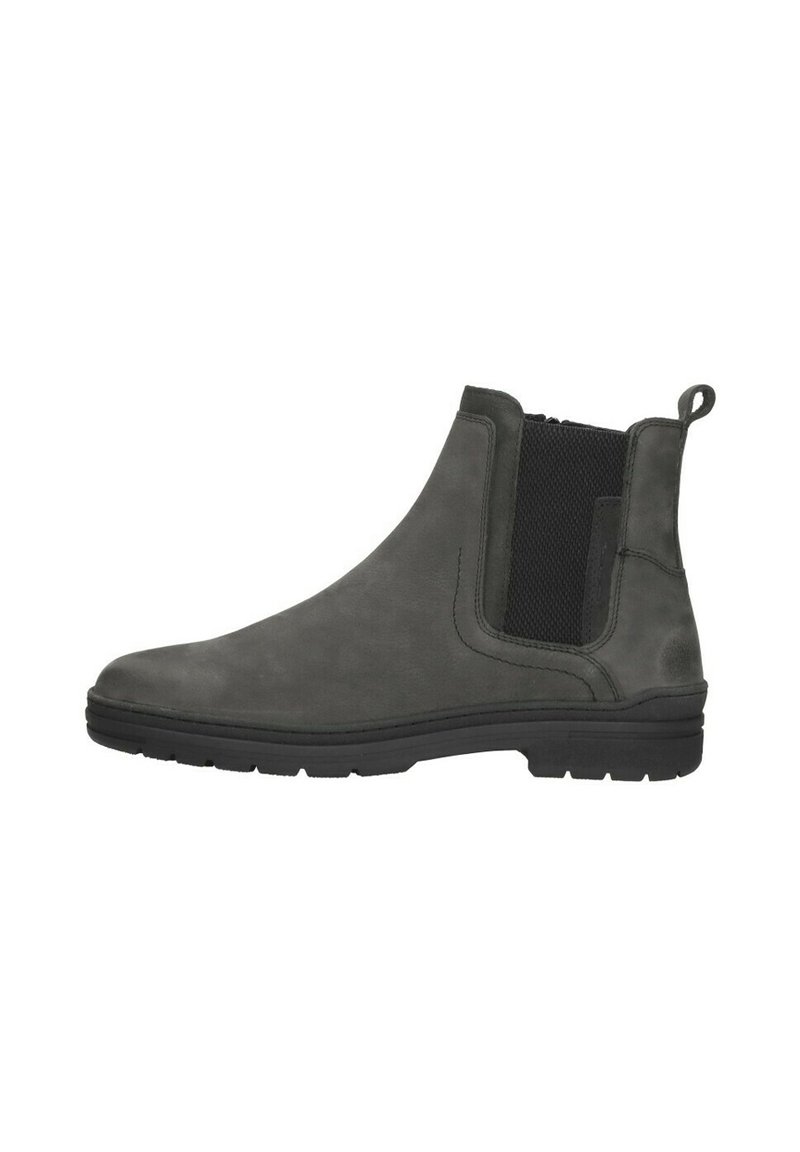 Donkergrijs suède Chelsea-boot met zwarte elastische zijpaneel, trekband aan de hiel en zwarte rubberen zool, zijaanzicht.