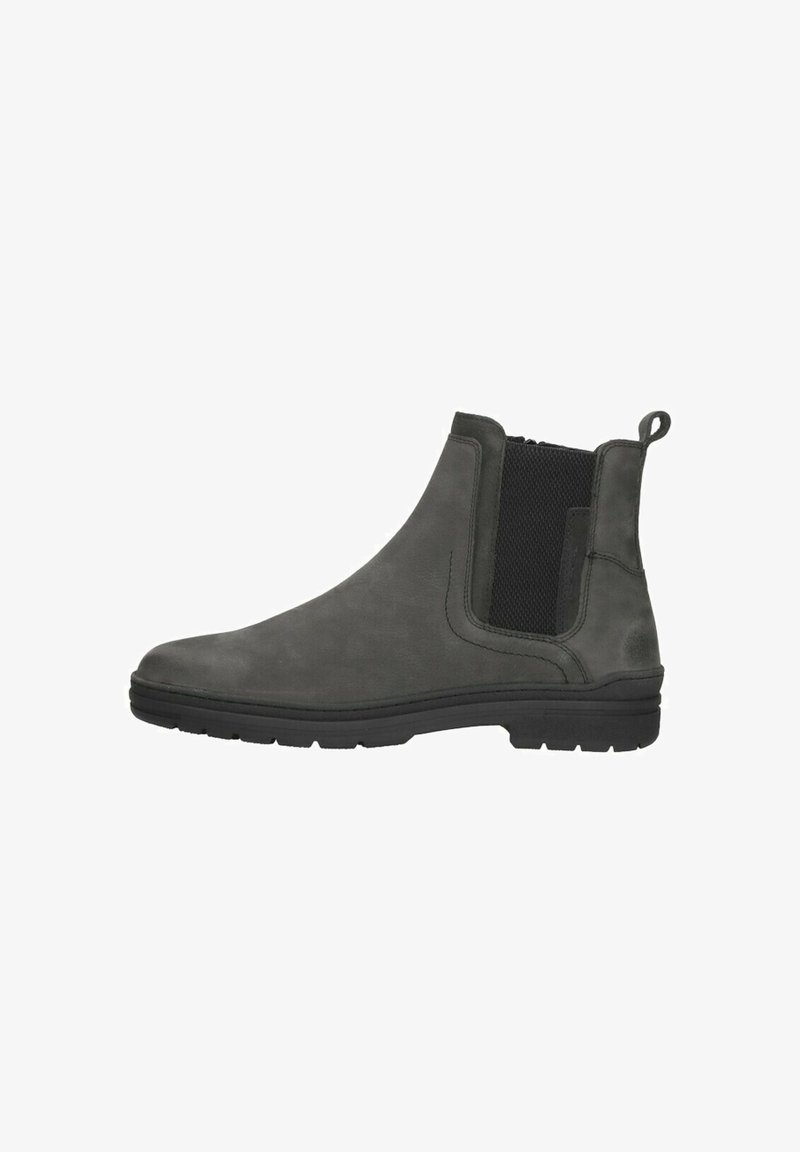 Botte Chelsea en daim gris foncé avec panneau élastique noir sur le côté, poignée à l'arrière et semelle en caoutchouc noir, vue de côté.