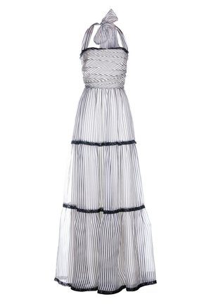 Lattiapituinen valkoinen mekko, jossa pystysuorat mustat raidat, rypytetty vartalo, kerroksellinen hame, musta reunus ja halter-kaulanauha.