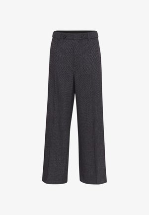 Wijde broek in donkergrijze stof met een subtiel streeppatroon, voorzien van een knoopsluiting en een gladde tailleband.
