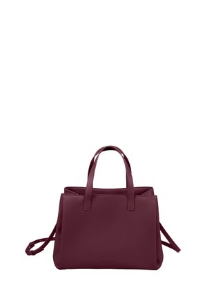 Burgundy leather tote bag with dual top handles, features a rectangular shape, smooth texture, and a detachable shoulder strap.