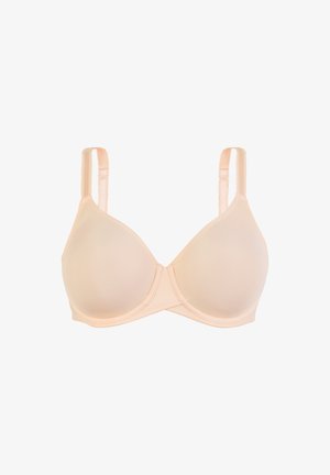 Ondersteunende beha van zacht nude stof met smooth cups, verstelbare bandjes en een minimalistisch ontwerp. Voorzien van een naadloze constructie voor extra comfort.