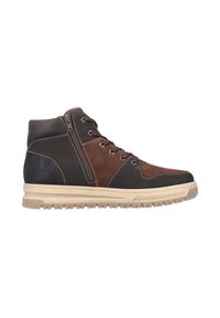 Baskets montantes brunes et noires en cuir et en tissu, avec une semelle texturée, des œillets en métal et un détail de fermeture éclair sur le côté.