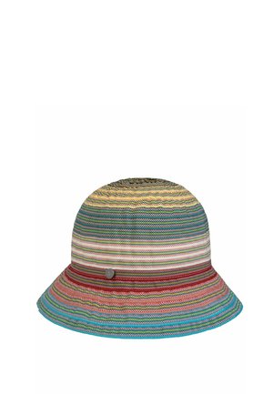 Multicolor striped woven bucket hat with a rounded top and wide brim, featuring a small metallic button on the side.