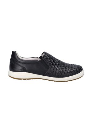 Schwarze Slipper mit einem gewobenen Oberdesign, glatten Lederakzenten, einer weißen Sohle und dezentem Branding an der Ferse.