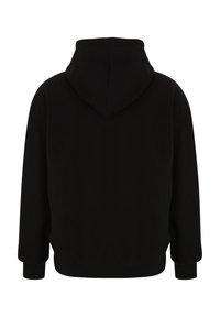Sudadera negra con capucha y mangas largas, con puños y dobladillo acanalados, mostrada desde la parte trasera sobre un fondo blanco.