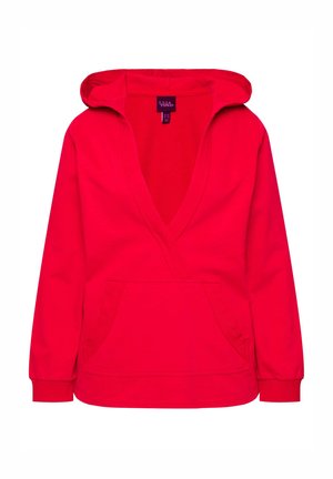 Červená mikina s hlubokým výstřihem do V a nastavovací kapucí, s přední kapsou a žebrovanými manžetami. Měkká, hladká tkanina bez viditelných vzorů.
