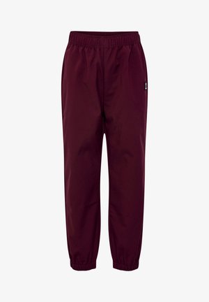 Bordeaux joggerbroeken met een elastische tailleband, taps toelopend bij de enkels, gemaakt van zachte stof, met zijzakken en een merketiket.