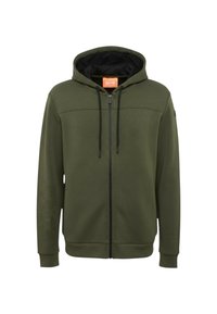 Felpa con cappuccio verde oliva con zip, cappuccio foderato di nero, coulisse regolabili e polsini e orlo a coste. Design semplice e moderno, senza motivi visibili.