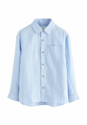 Jasnoniebieska koszula na długi rękaw z guzikami, wykonana z tkaniny o fakturze, z kieszenią na piersi i drewnianymi guzikami. Dopasowany krój z klasycznym kołnierzykiem.