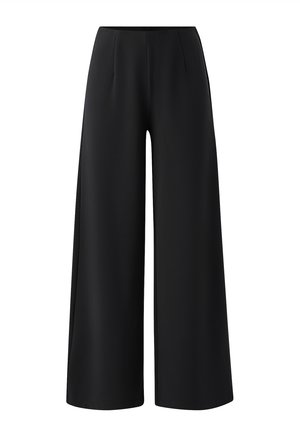 Pantaloni neri a vita alta con gamba larga, davanti liscio senza chiusure o tasche visibili, mostrati su sfondo bianco.