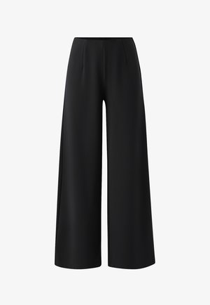 Pantaloni neri a vita alta con gamba larga, davanti liscio senza chiusure o tasche visibili, mostrati su sfondo bianco.