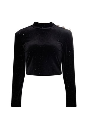 Czarny welurowy top z długim rękawem i wysokim kołnierzem, zdobiony wzorem w kształcie gwiazdy oraz trzema ozdobnymi guzikami na lewym ramieniu.