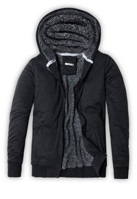 Sudadera con capucha y cremallera en gris oscuro, con un suave interior de forro polar, puños acanalados y un forro interior en contraste. Cierre con cremallera y bolsillos.