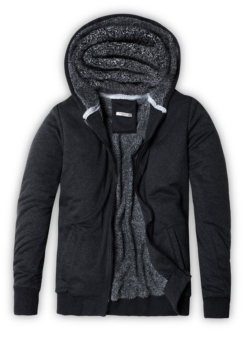 Sudadera con capucha y cremallera en gris oscuro, con un suave interior de forro polar, puños acanalados y un forro interior en contraste. Cierre con cremallera y bolsillos.