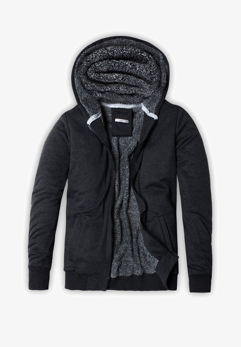Sudadera con capucha y cremallera en gris oscuro, con un suave interior de forro polar, puños acanalados y un forro interior en contraste. Cierre con cremallera y bolsillos.